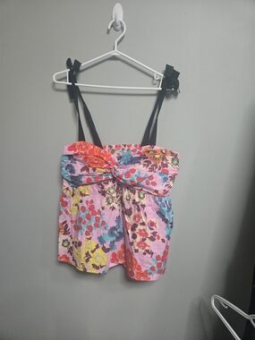 Peter Som Pink Floral Strappy Top with Teal and Red Accents